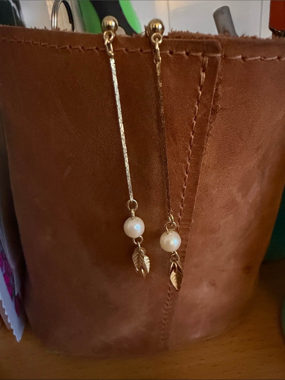 Gold Drop Earrings with White Pearl Beads and Leaf Charms